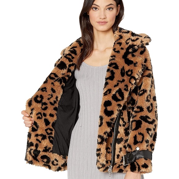 🎈SALE Avec Les Filles Leopard Teddy Faux Fur Biker Moto Jacket NEW - Picture 5 of 16